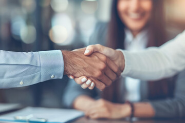 Sitting across from each other, the happy and confident Latin businessman and businesswoman seal their partnership business contract agreement with a handshake, marking the beginning of a fruitful