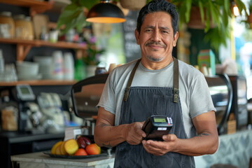 Standing in their cafe, a small business owner, a Hispanic man, proudly holds a contactless payment machine. He exudes confidence and professionalism, providing modern payment options to his customers