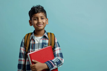 Studio portrait of a delighted Indian boy with a backpack standing isolated on a light background, holding a textbook