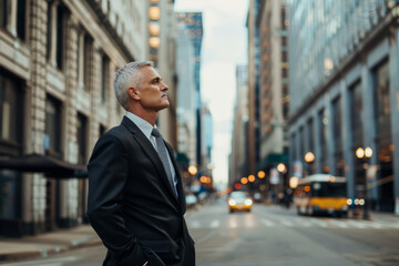 With a demeanor of assurance, the rich middle-aged businessman, a seasoned CEO executive leader and investor, stands confidently on the city street, his gaze fixed on the horizon as he dreams of the