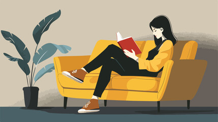 Fototapeta na wymiar Lady reading the book Sitting on a Sofa Vector illustration