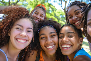 With radiant smiles, teenage girls gather for a selfie in the park, their laughter echoing the joy of shared moments and lasting friendships.