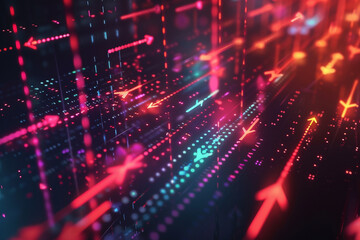 Naklejka premium Abstract background with digital data symbols and rising arrows visualizing stock exchange and capital investments trends