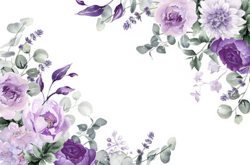 Watercolor floral border - frame. Violet flowers and eucalyptus greenery illustration isolated on transparent background. Purple roses, lilac peony for wedding stationary, greeting card