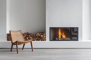 A sleek modern fireplace with stacked firewood on the left, set against an empty white wall in a minimalist room