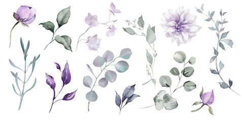 Violet flower isolated. Watercolor floral set. Purple, mauve, lilac, lavender flowers and greenery collection for wedding invitation, greeting card, print design © Nataliya Kunitsyna