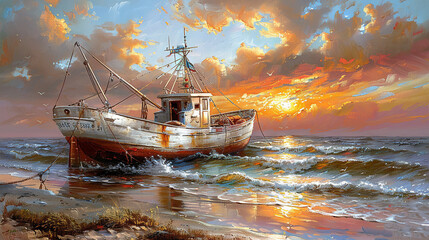   A boat painting with a sunset in the background and clouds above