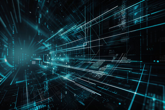 Abstract black background with lines and blue ts that depicts technological advancement
