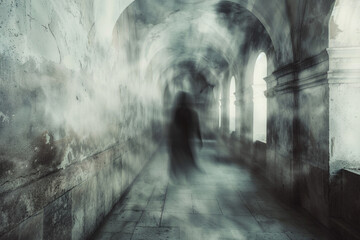 Abstract blur of a phantom figure passing through an ancient haunted corridor