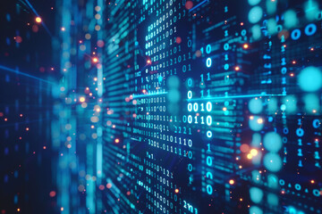 Obraz premium Abstract computer network, a vision of future science, with binary data streaming across a blue cyber system
