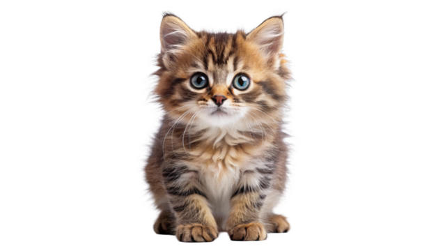 "Cute Curiosity": A curious kitten with wide eyes and a quizzical expression, its fluffy fur standing out vividly against the clean white setting.