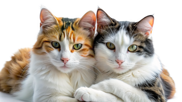 "Feline Friends": Two cats cuddled up together in a heartwarming display of companionship, their intertwined forms creating a striking contrast against the white backdrop.