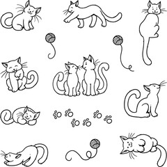 Set of Cute Cartoon Cats and cat-related Symbols