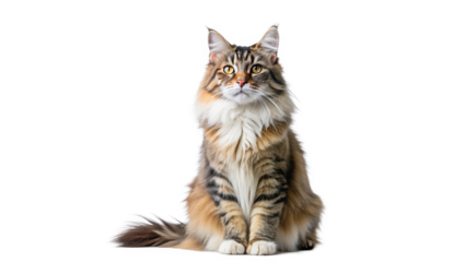 "Majestic Meow": A majestic cat sitting tall and proud, its eyes gazing into the distance with an air of regal authority against the pure white background.
