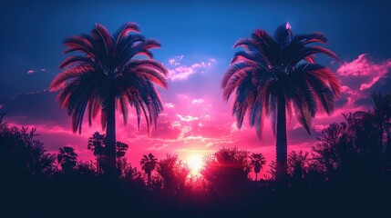   A pair of palm trees stand beside each other under a vibrant purple and blue sky as the sun sets behind them