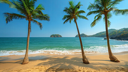 A beautiful beach with palm trees and a blue ocean