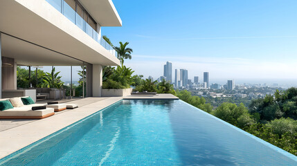 Fototapeta premium Urban oasis: Sleek modern home with infinity pool overlooking city skyline