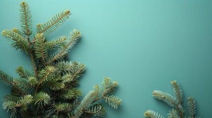 Fresh Pine Branches on a Teal Background