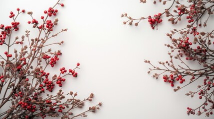 Red Berries on Branches Against White Background