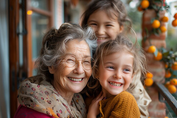 Portrait of a happy grandmother with her grandchildren on the porch