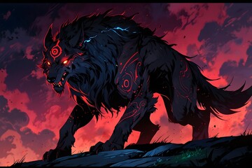 Illustration of a terrifying warrior animal creature, dark magic and mythical beasts, glowing red markings, cinemtic look