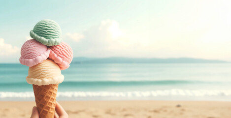 Colorful Ice Cream Against Ocean Background