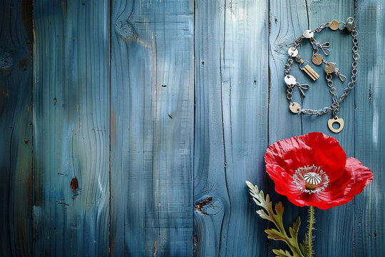 Vintage blue wooden table with an artful display of a red poppy and dog tags.