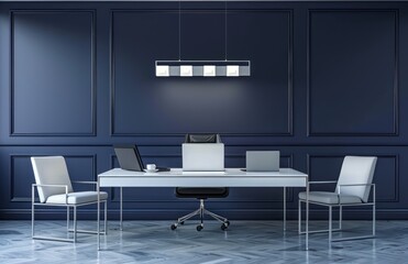 A sleek, modern office with dark blue walls and white furniture is set against the backdrop of an empty room