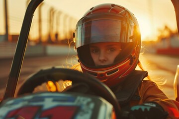 Fototapeta premium Intense Go-Kart Race with Focused Female Driver. Beautiful simple AI generated image in 4K, unique.