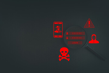 Magnifying glass focues on user login icon among hacker,warning sign icon on black background idea for Cyber security, information security,warning sign,attention sign.