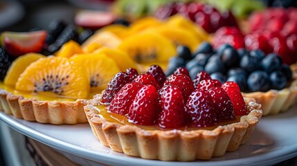 dessert presentation, an assortment of fruit tarts elegantly presented on a white platter, appealing to those with a fondness for sweets