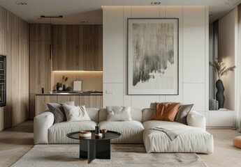 A small living room with wooden walls and white cabinets, an open kitchen on the left side of it