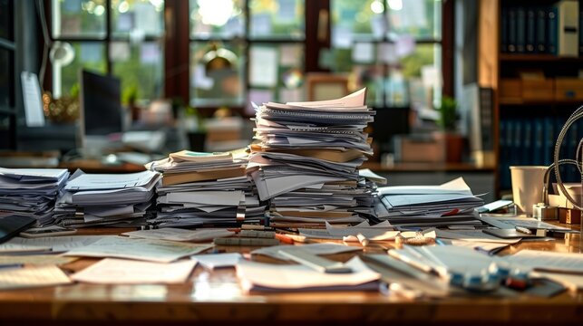 disorganized workspace with scattered papers and pens, illustrating the concept of failed desk organization