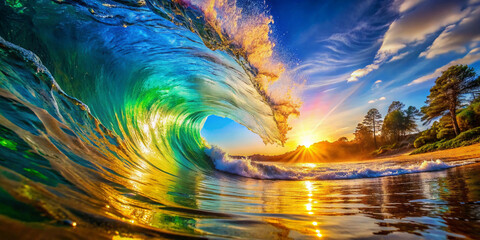 Vibrant Beach with Colorful Abstract Wave Crashing Under Sunlight