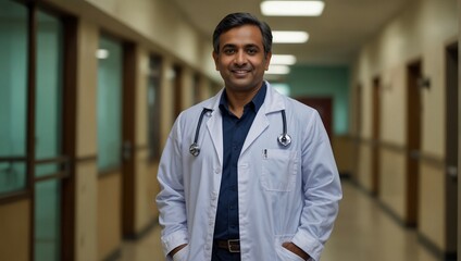 Portrait of a doctor of Indian ethnicity with hospital