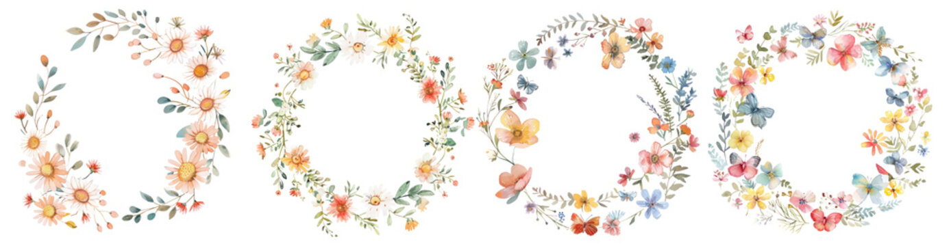 Flower circle wreath png cut out element set