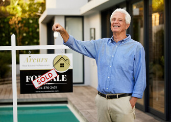 Senior man, portrait and keys with house sold sign for new home, real estate and relocation. Male...