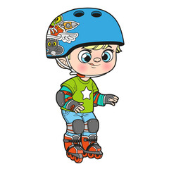 Cute cartoon boy in a helmet and wearing protective gear on roller skates color variation