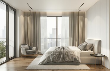 A spacious bedroom with white walls, grey bed and headboard. Wooden flooring, large windows showing the cityscape outside, and a modern armchair placed near it