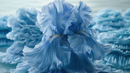   A cluster of blue blossoms resting beside one another atop a blue fabric spread upon a tabletop