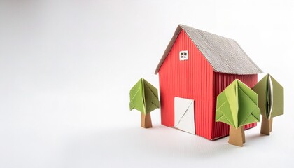 red barn concept paper origami isolated on white background with green trees with copy space for your design for rural farm lifestyle