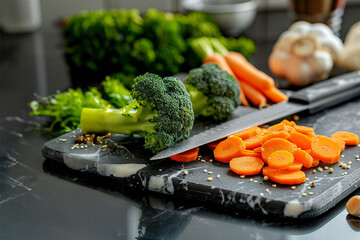 kitchen with vegetables and knife
