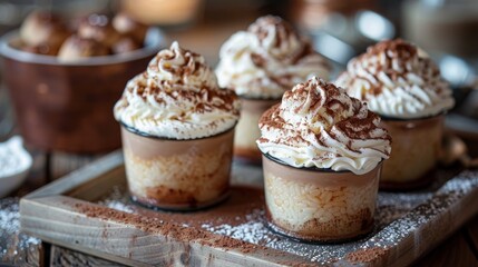 gourmet rice pudding, individual rice pudding servings garnished with whipped cream and cocoa powder a rich dessert perfect for a special event
