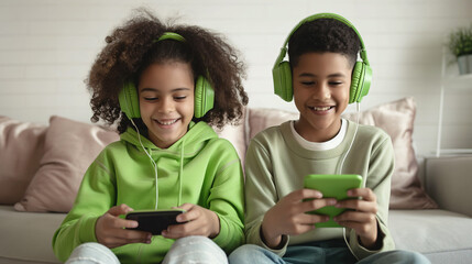 African American boy and girl wearing headphones and playing games on phone 