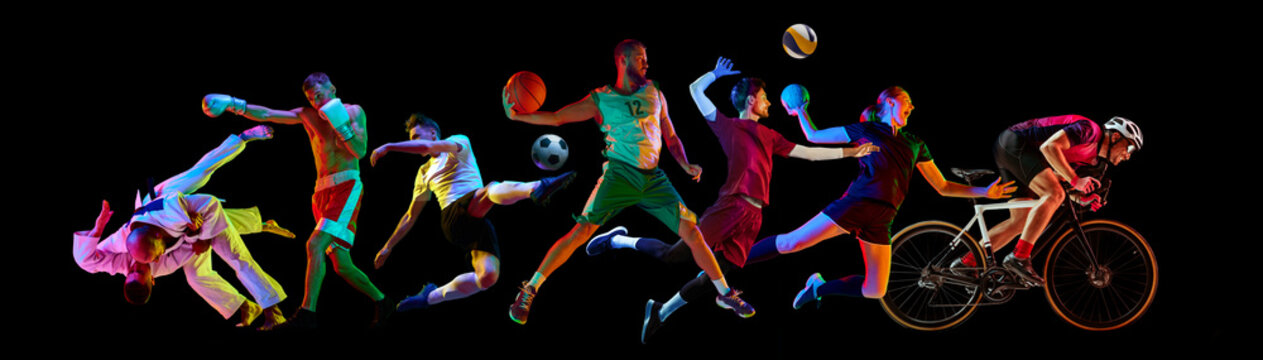 Sport collage. Energetic athletes from diverse sports leap and compete, shows spectrum of activities against black background. Concept of healthy lifestyle, professional sport, team, fitness. Ad