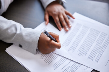 Contract, documents and signature with business person in office from above for legal agreement....