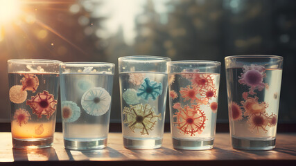 Glass with dirty water  as water pollution concept. hygiene and health concept with germs stickers on it.