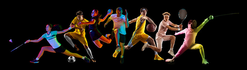 Sport collage. Athletic people, featuring basketball, tennis, and cycling against black background. Strength and power. Concept of healthy lifestyle, professional sport, team, fitness. Ad