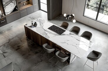 A top view of the kitchen island with marble countertop, featuring gray and white colors