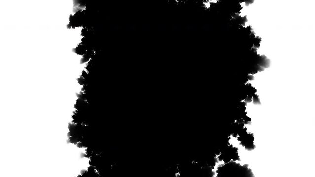 Blot of ink on white paper spreading from center. Black paint stain expanding to black solid